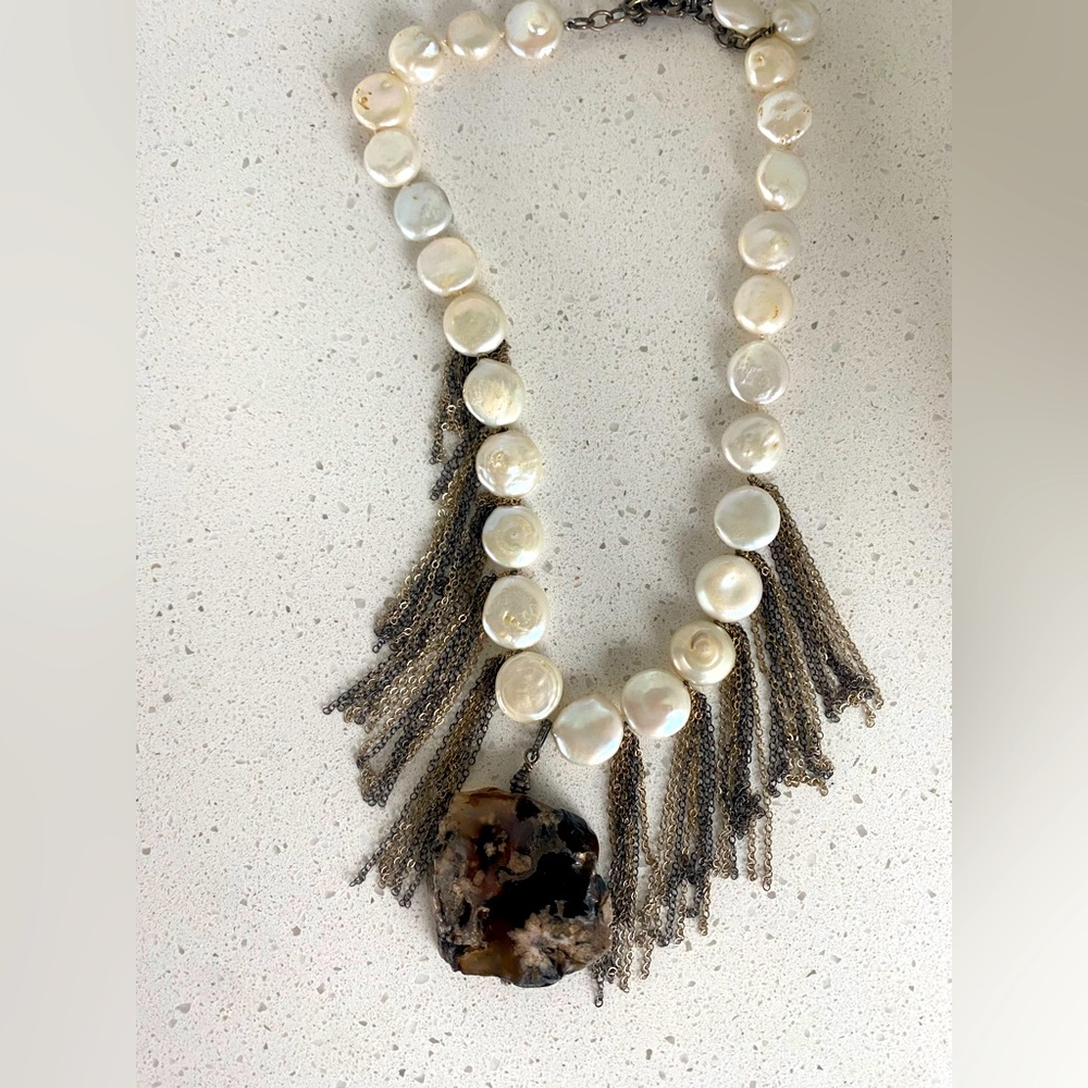 Pearlescent, Stone and Chain Necklace
